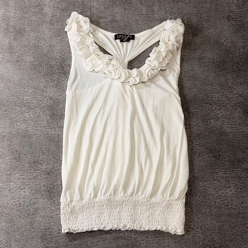 Vintage Lipstick Rosette White Ruched Tank Top